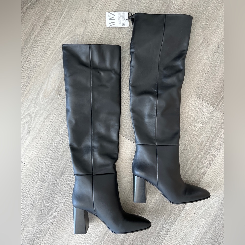 Zara black leather knee high heeled boots - size 8